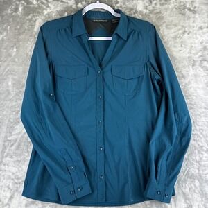 ExOfficio Button Down Shirt‎ Womens Medium Teal Roll Tab Sleeve Hiking (1463)